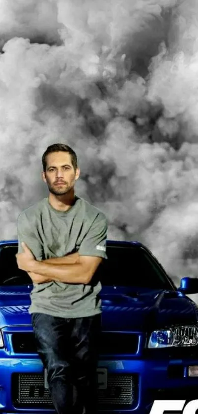 F9 Fast Saga wallpaper with blue car and smoke backdrop.