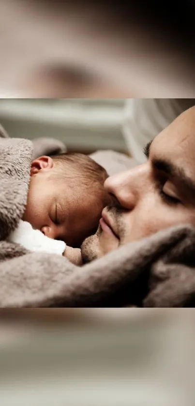 Father holding baby in a cozy brown blanket.