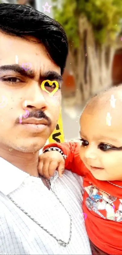 Father holding baby with doodle art and bright colors.