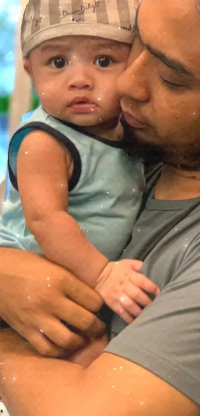 Father embraces baby with warmth and care in a candid moment.