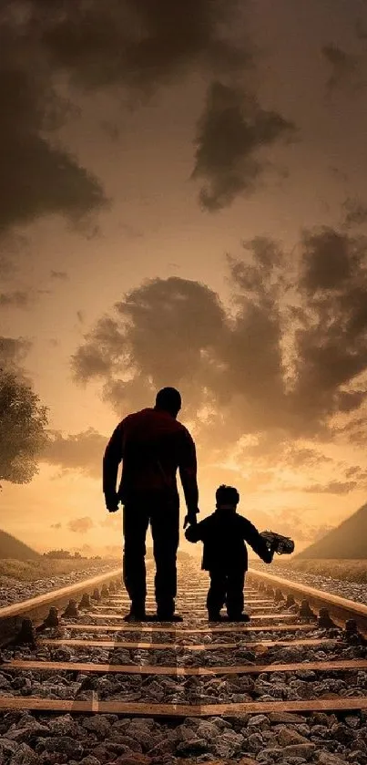 Father and child walking on railway tracks at sunset, creating a serene silhouette.