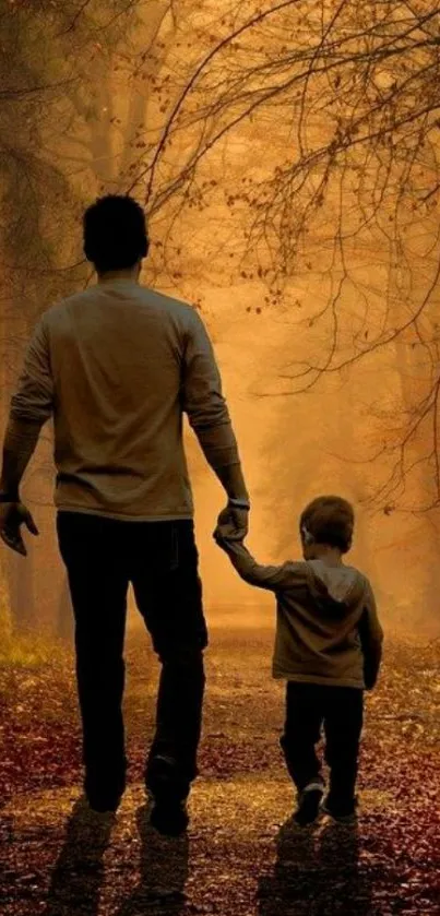 A father and child walking on an autumn forest path.