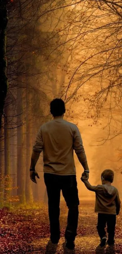 Father and child walking through golden autumn forest.