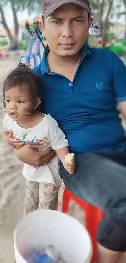 Father in blue shirt holding child at the beach.