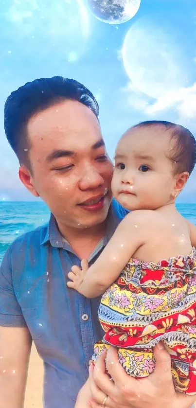 Father holding child by ocean under dreamy sky.