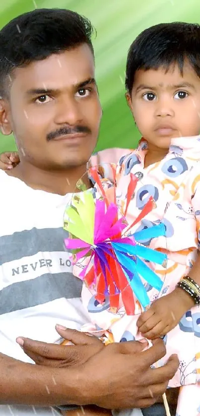 Father holding child with colorful pinwheel on green background.