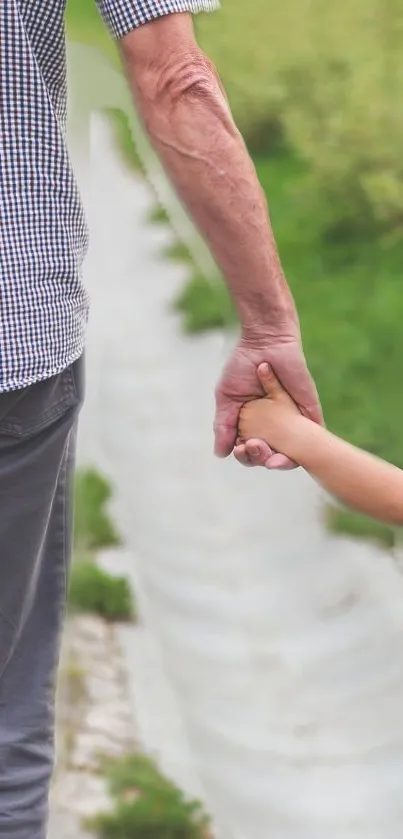 Father and child holding hands on a path in nature, symbolizing bonding.