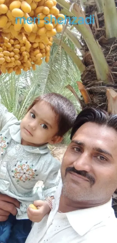 Father and child under a date palm tree in nature.