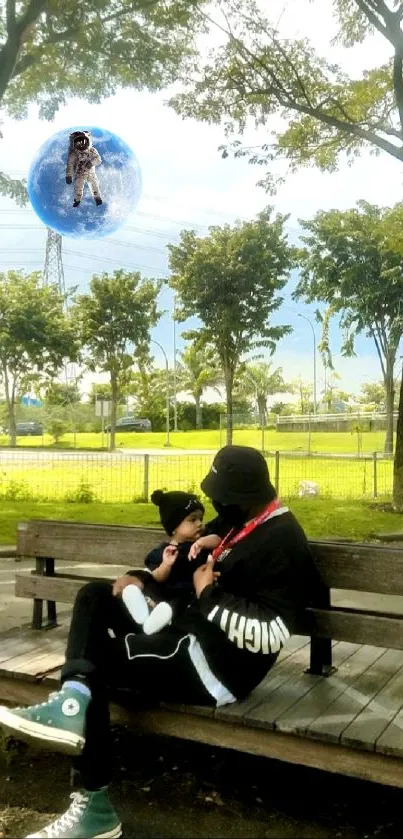 Father and child sitting on a park bench with surreal sky element.