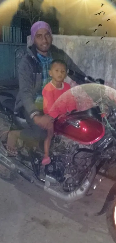 Father and child enjoying a night motorcycle ride.