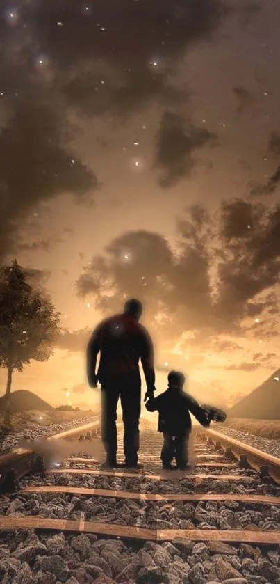 Father and child walking on railway tracks at sunset.