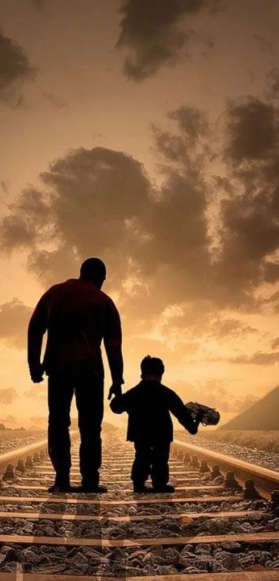 Father and child walking on railway tracks at sunset, creating a warm silhouette.