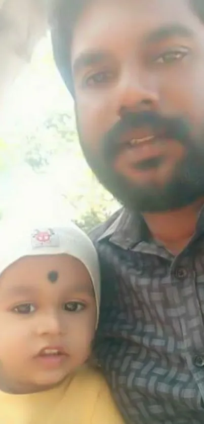 Father and child enjoying time outdoors under soft sunlight.