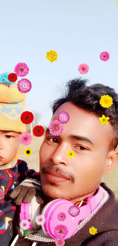 Father holding child outdoors in colorful attire, set in a natural background.