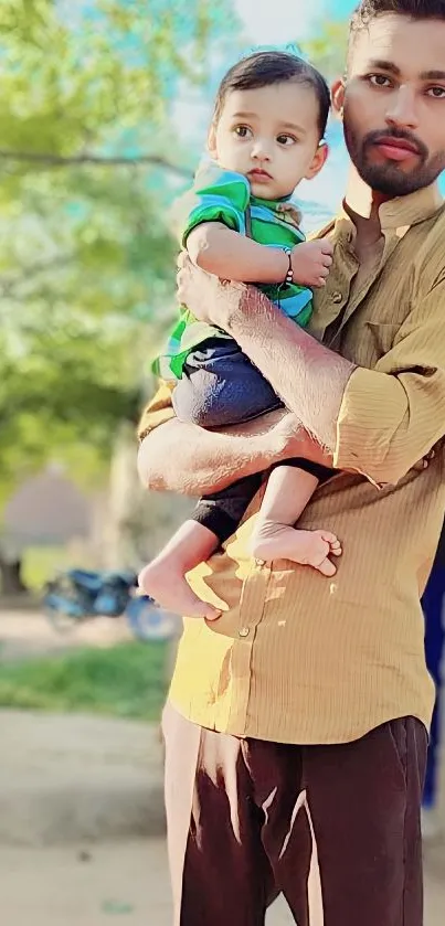 Father holding child outdoors with green background.