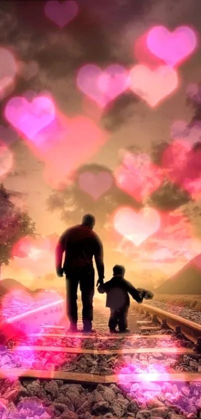 Father and child on railway with pink heart bokeh at sunset.