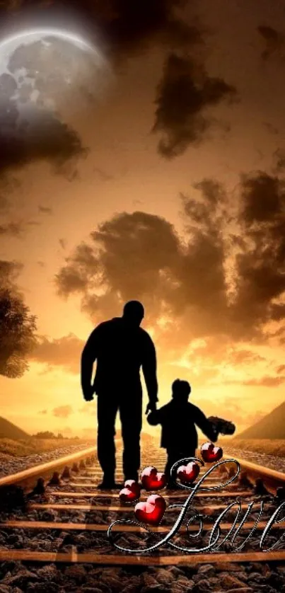 A father and child silhouette with a sunset and moonlit sky.