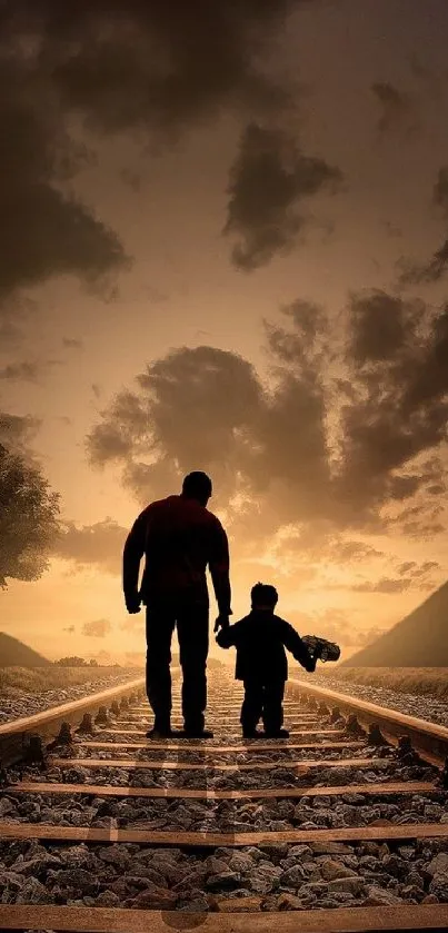 Father and child walk on train tracks at sunset, silhouetted by dramatic sky.