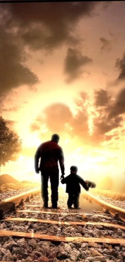 Father and child silhouetted against sunset on railway tracks.