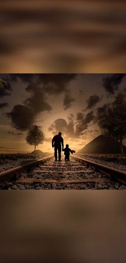 Silhouette of father and child walking on railroad at sunset.