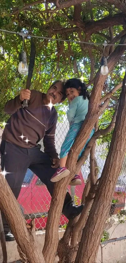 Father and daughter climb a tree, enjoying nature.