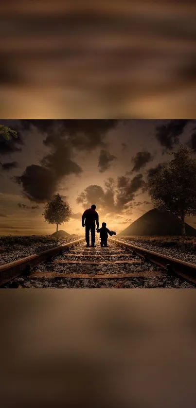 Father and son silhouette during sunset on railway tracks.