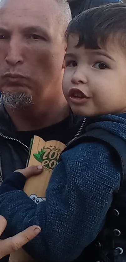 A father and his son celebrating with a trophy at a joyful event.