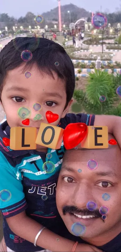 Father and son in park with LOVE blocks and bubbles.