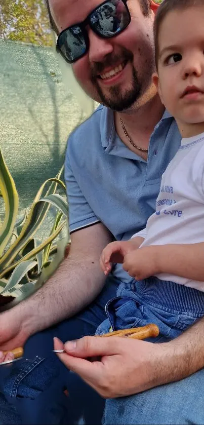 Father and son together outdoors with plants and sunny backdrop.