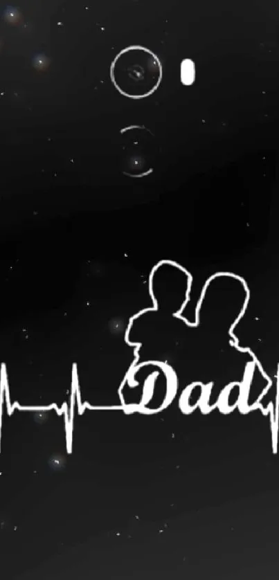 Black phone wallpaper with a dad and child silhouette and heartbeat line.