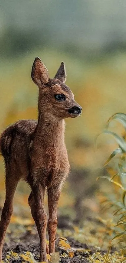 Young fawn standing in misty forest, a serene mobile wallpaper.