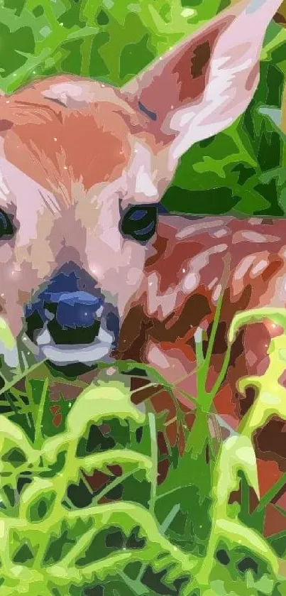 Artistic depiction of a fawn in lush green forest.