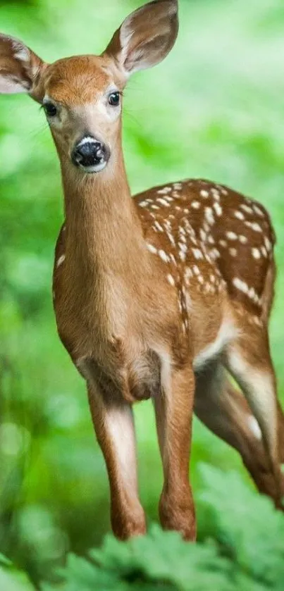 Young fawn in a green forest background.