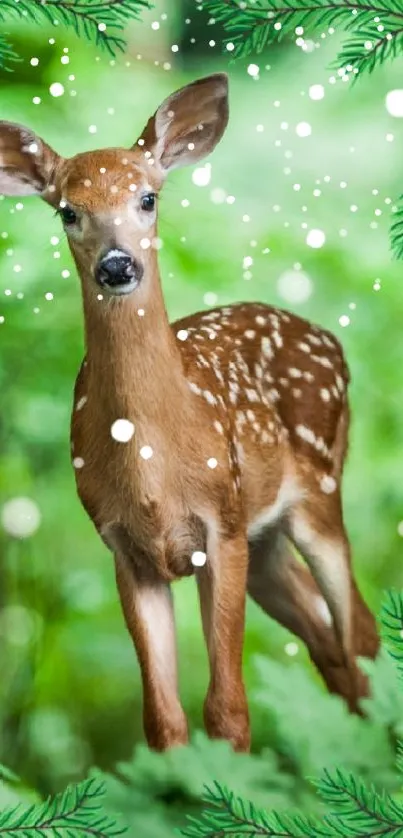 A cute fawn standing in a lush green forest, framed by greenery.