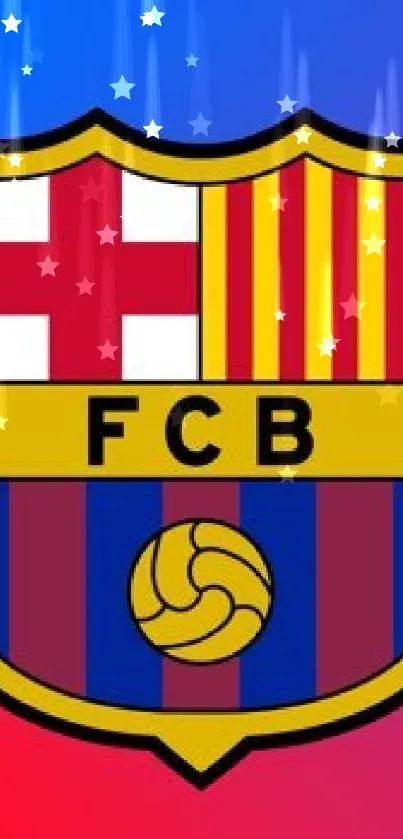 FC Barcelona logo on red-blue gradient wallpaper.