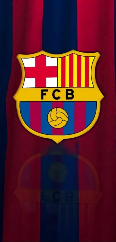 F.C. Barcelona logo on red and blue striped background.