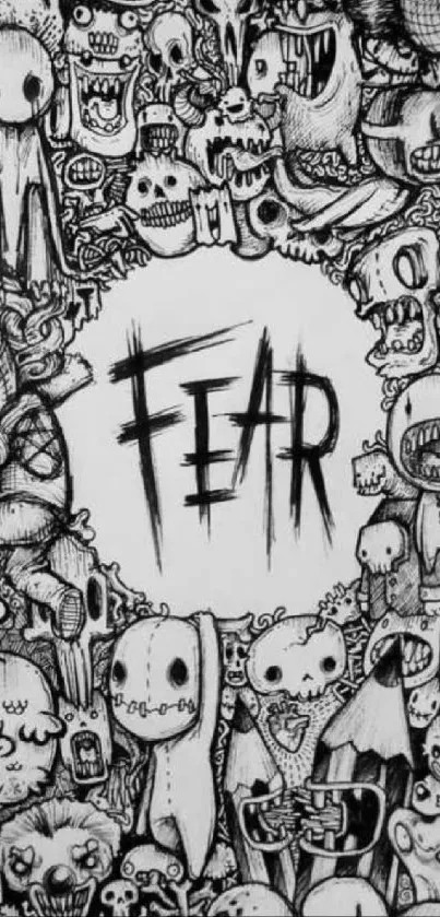 Intricate black and white doodle art with 'Fear' as central theme on phone wallpaper.