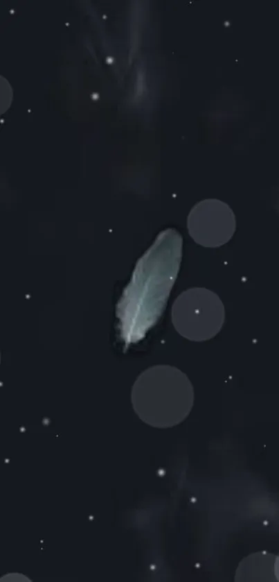 Mobile wallpaper with a feather floating in a starry dark blue space.