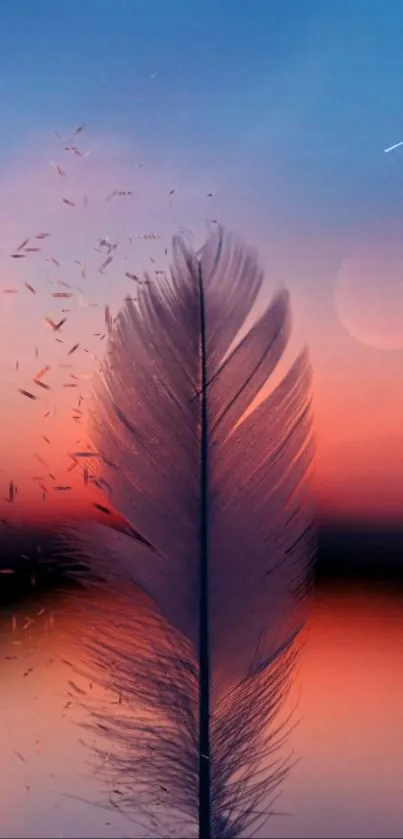 Feather against a vibrant sunset sky, creating a serene and artistic mobile wallpaper.