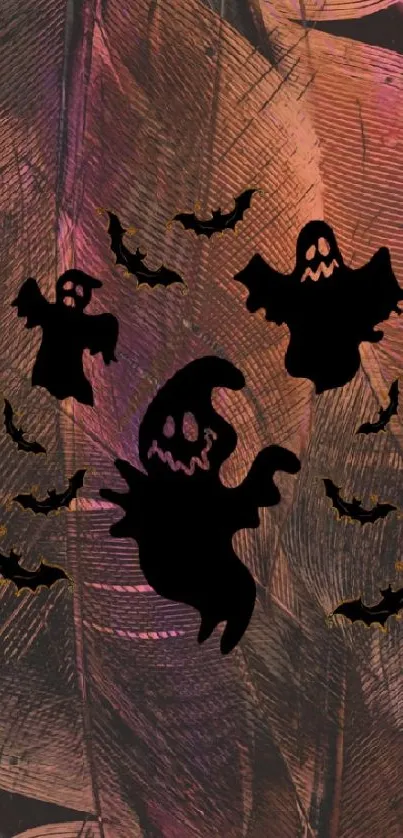 Halloween ghosts with feathers wallpaper in brown hues.