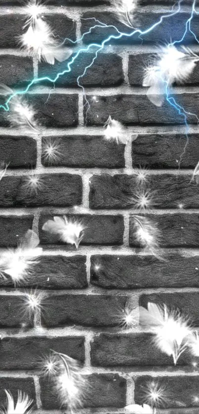 Mobile wallpaper with feathers, lightning, and a textured brick background.