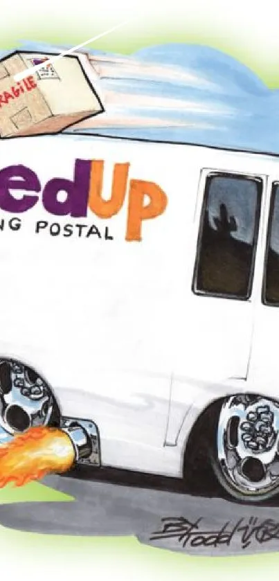 Cartoon delivery van with flames and packages, featuring 'FedUp' text.