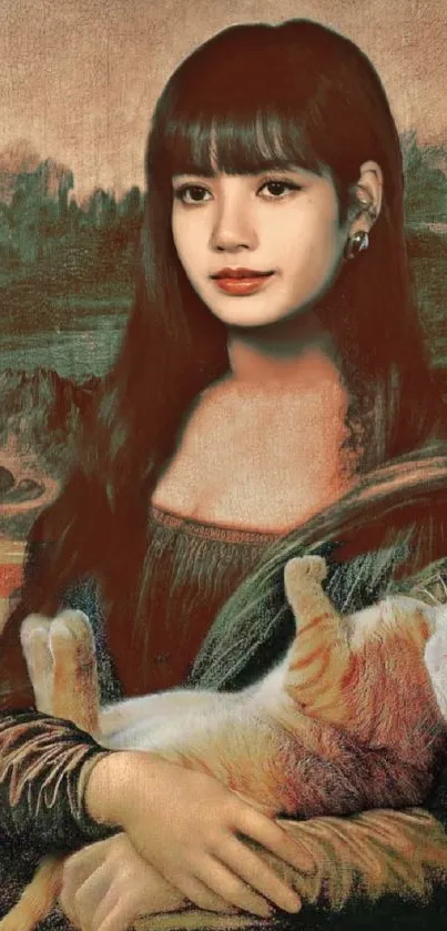 Mona Lisa with a cat in a unique art wallpaper.