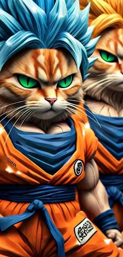 Cats in anime style with colorful costumes and dynamic expressions