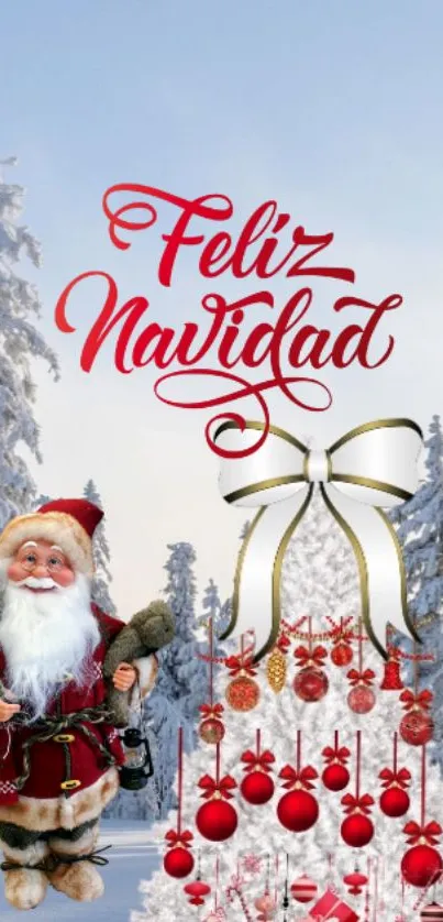 Feliz Navidad festive wallpaper with Santa and a snowy Christmas tree.