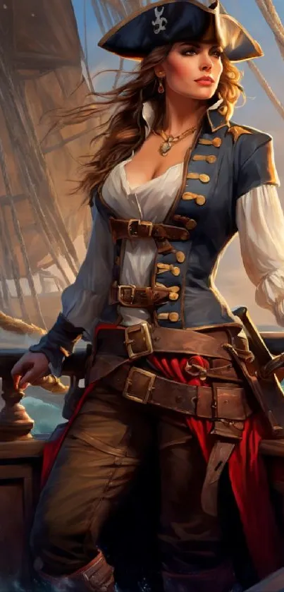 Captivating female pirate on a ship's deck, under a vibrant evening sky.