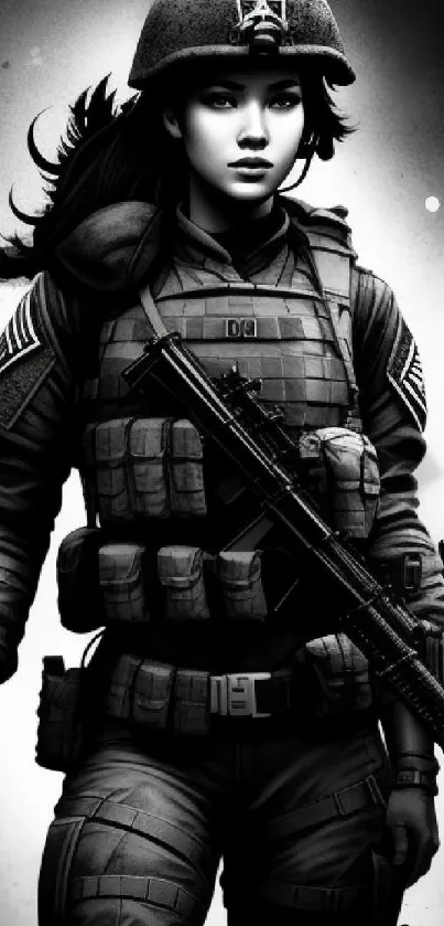 Black and white digital art of a female soldier in tactical gear.