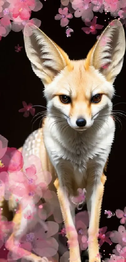 Fennec fox surrounded by pink blossoms on a dark background.