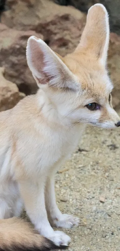 Fennec fox sitting on sand with rocks behind.