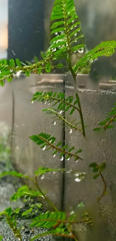 Close-up of fern leaves with dew drops against a stone background.